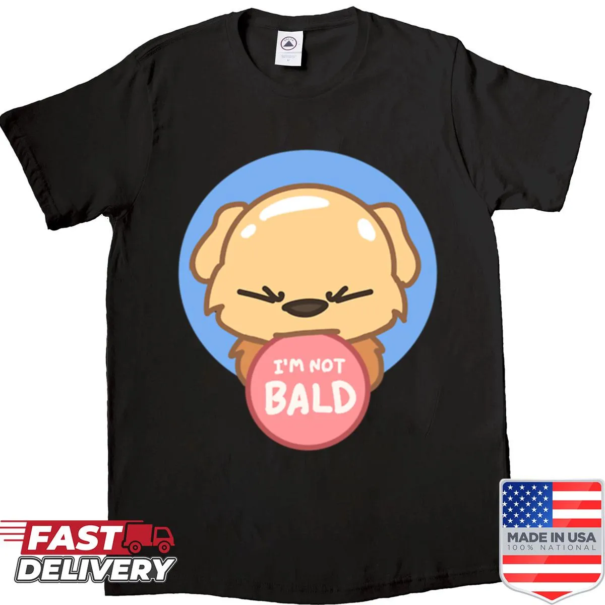 Cartoon bald puppy graphic on a funny dog-themed t-shirt