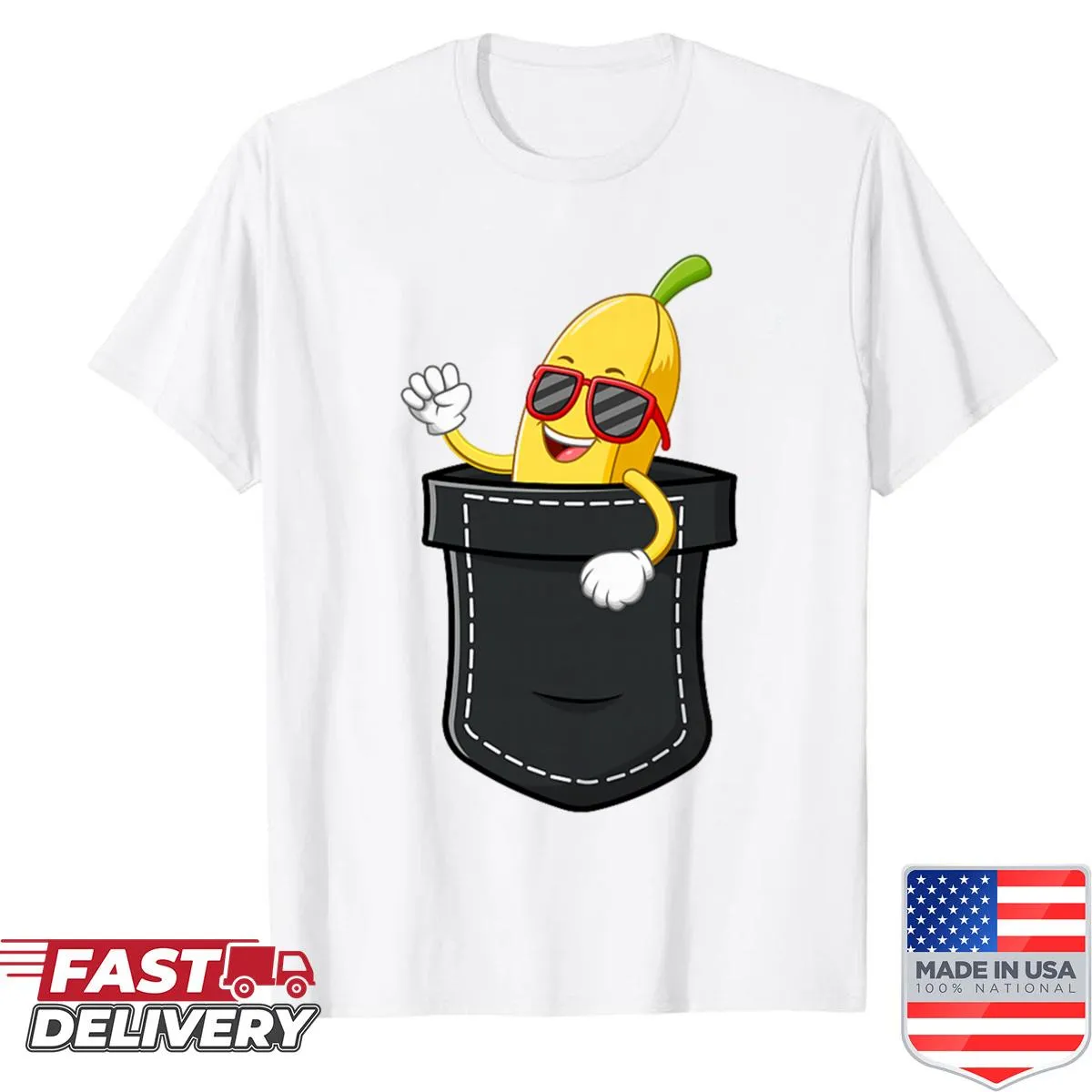 Cartoon banana pocket design on a Halloween shirt