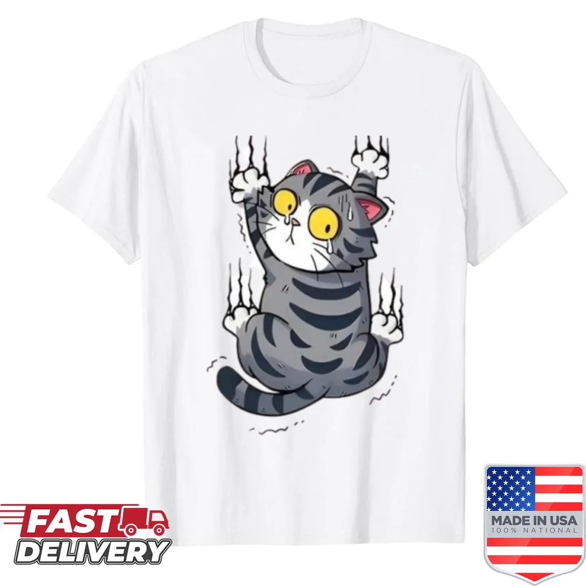 T-shirt featuring a humorous design of a cat screeching against a wall.