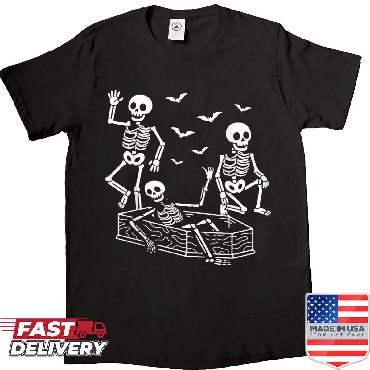 Cartoon dancing skeletons design with a humorous Halloween theme.