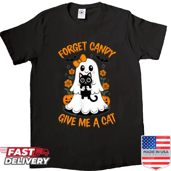 Cartoon ghost and black cat shirt with Halloween theme