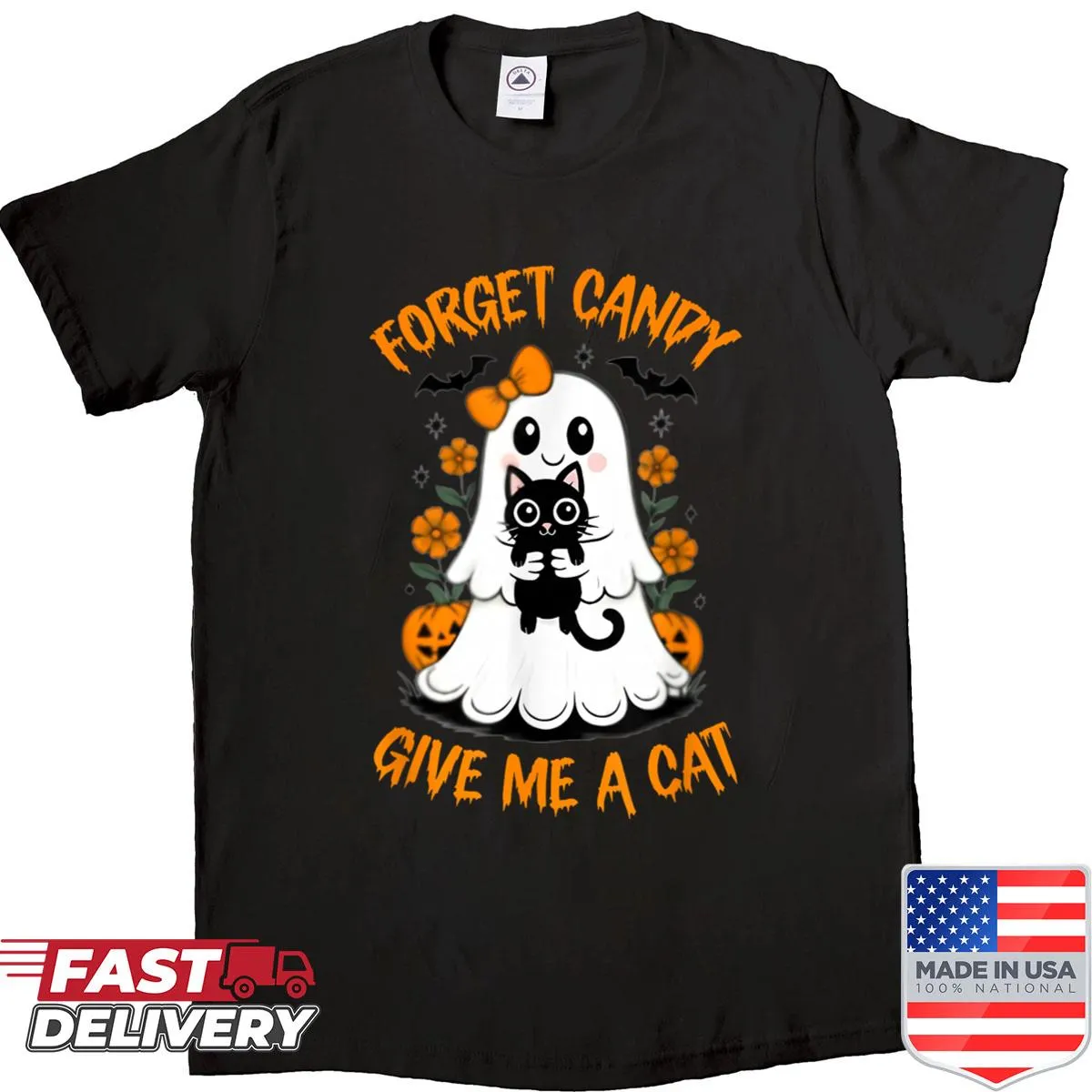 Cartoon ghost and black cat shirt with Halloween theme
