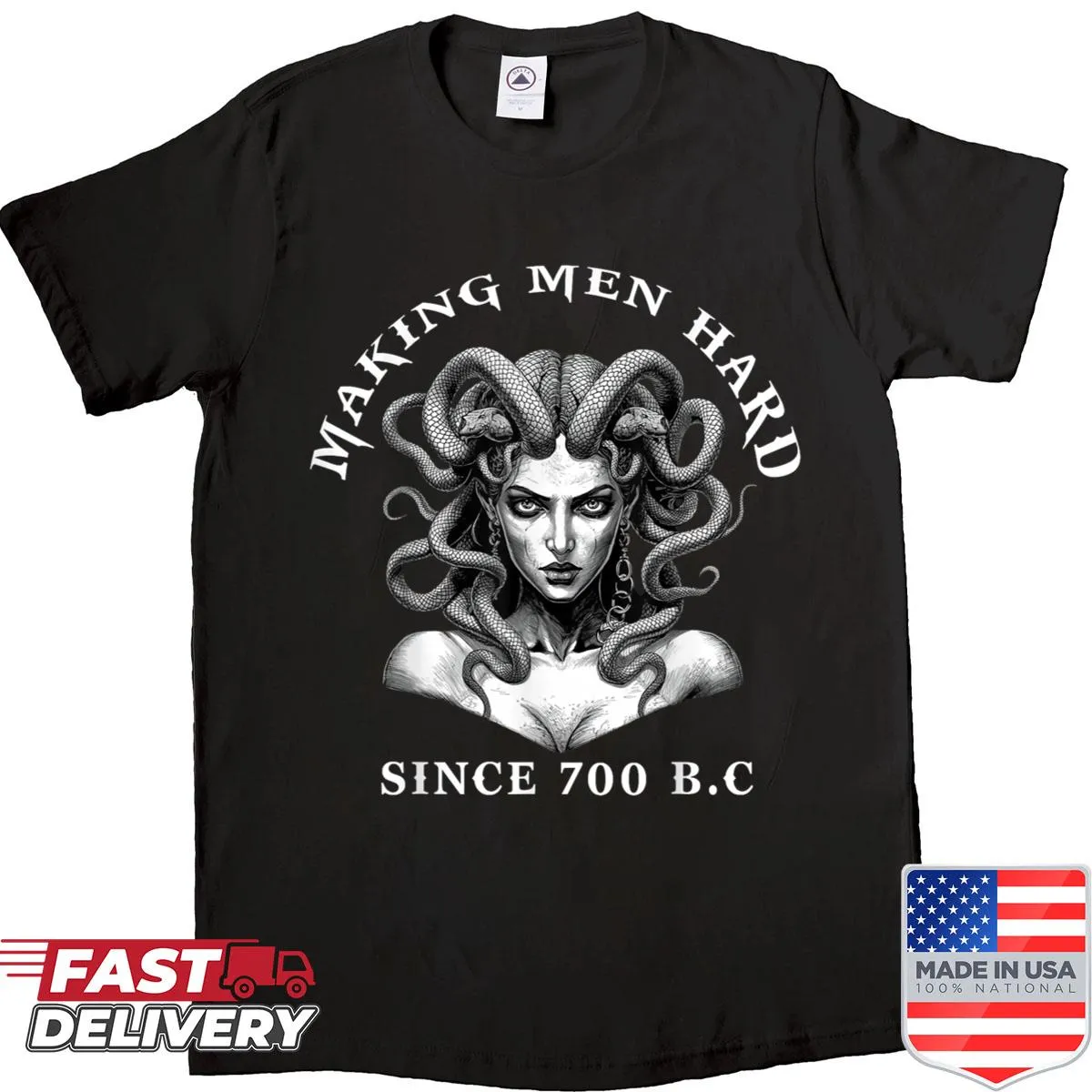 Humorous shirt featuring Medusa and witty text about Greek mythology