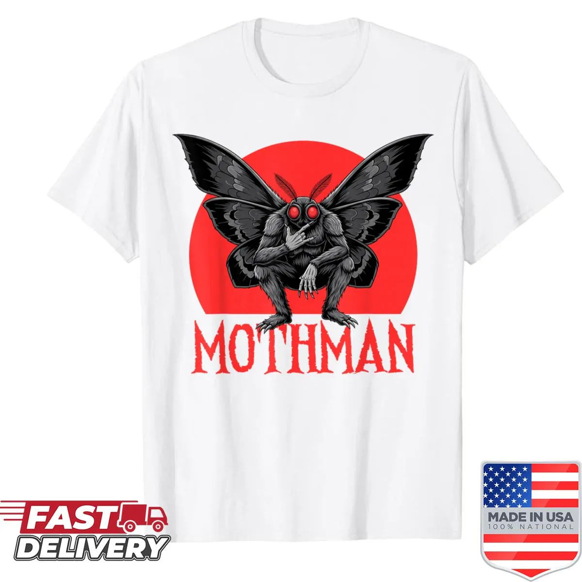Cartoon Mothman playing rock music graphic t-shirt