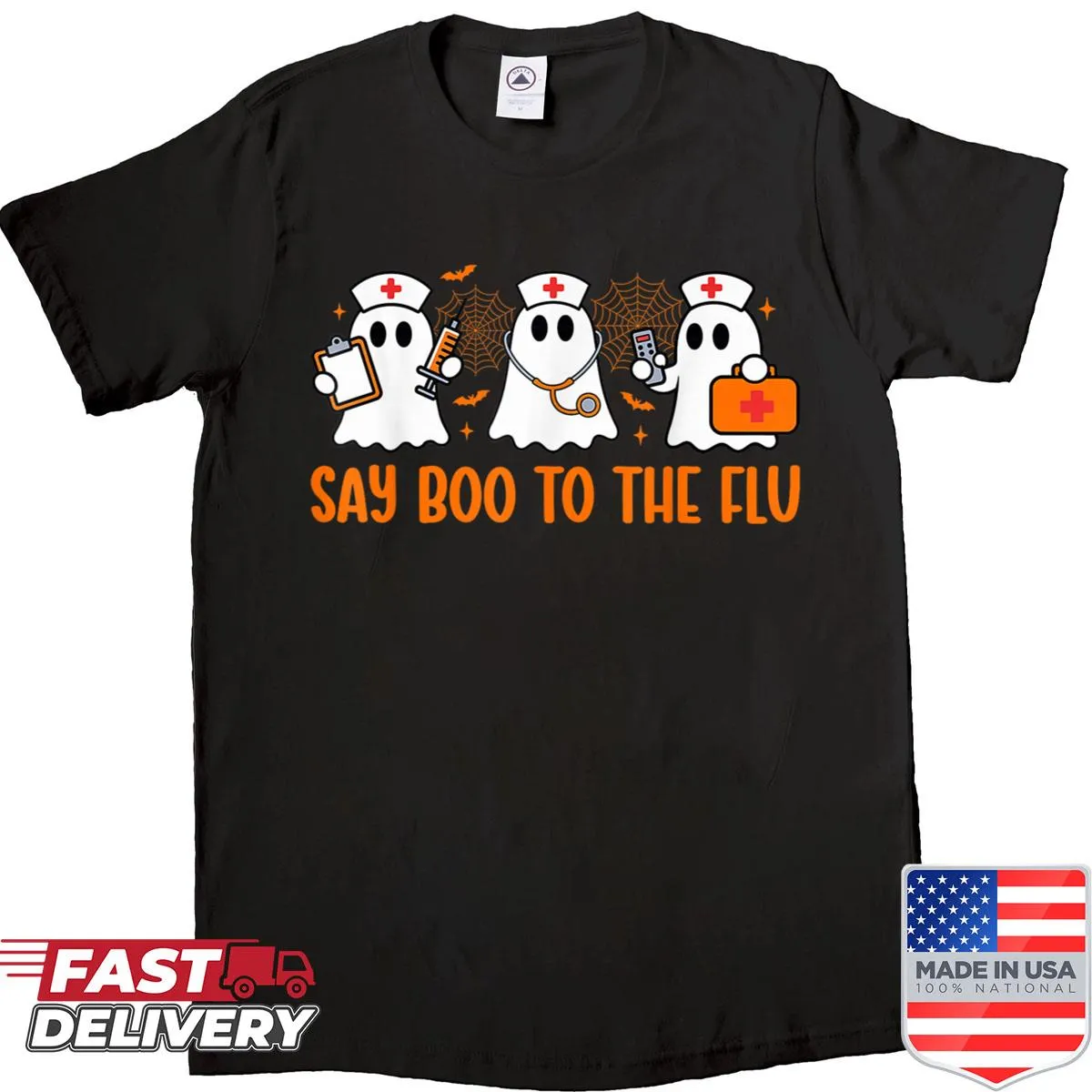 T-shirt with a ghost and 'Say Boo To The Flu' message