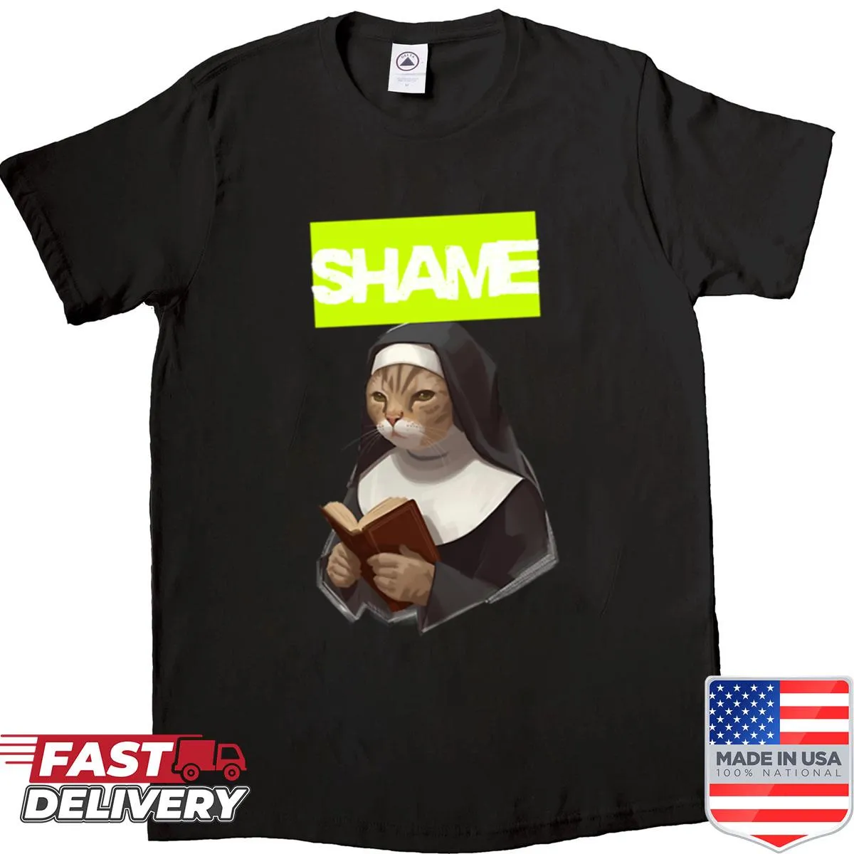 Oversized shirt with a cat reading a book illustration