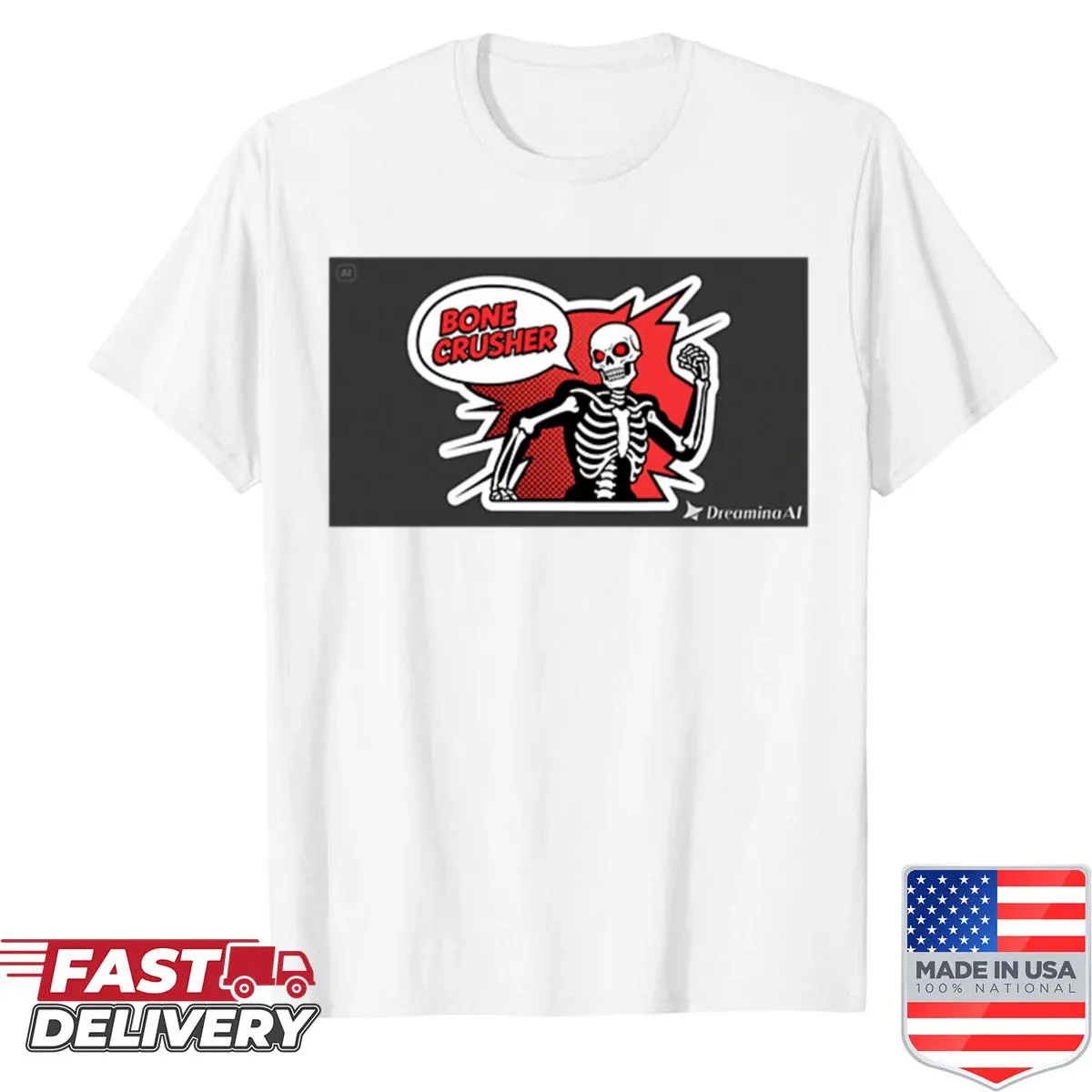 Cartoon skeleton graphic with meme vibes on a t-shirt
