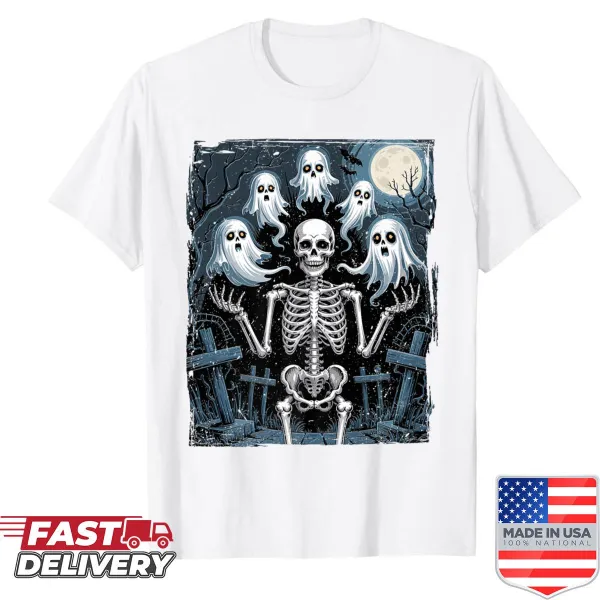 Skeleton juggling ghosts design for Halloween, humorous and spooky