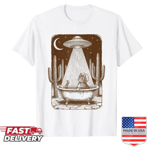 Vintage distressed shirt with a UFO and cat abduction graphic