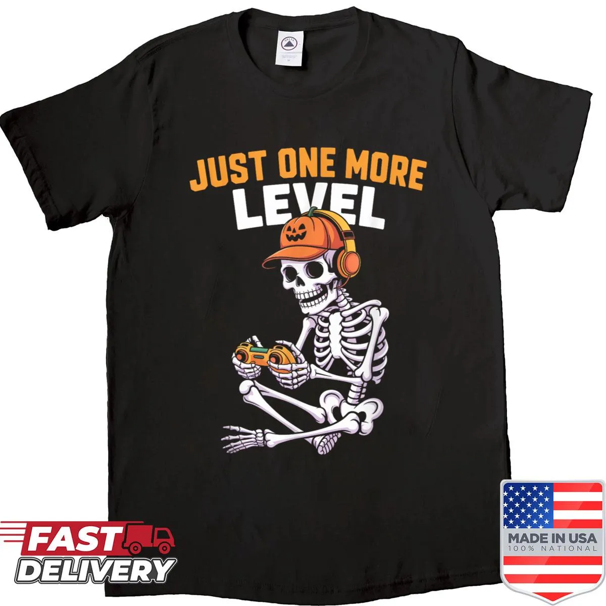 Skeleton gamer graphic on Halloween costume shirt for gamers