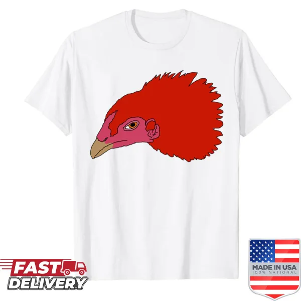 Red shirt featuring a playful graphic of a gamefowl head