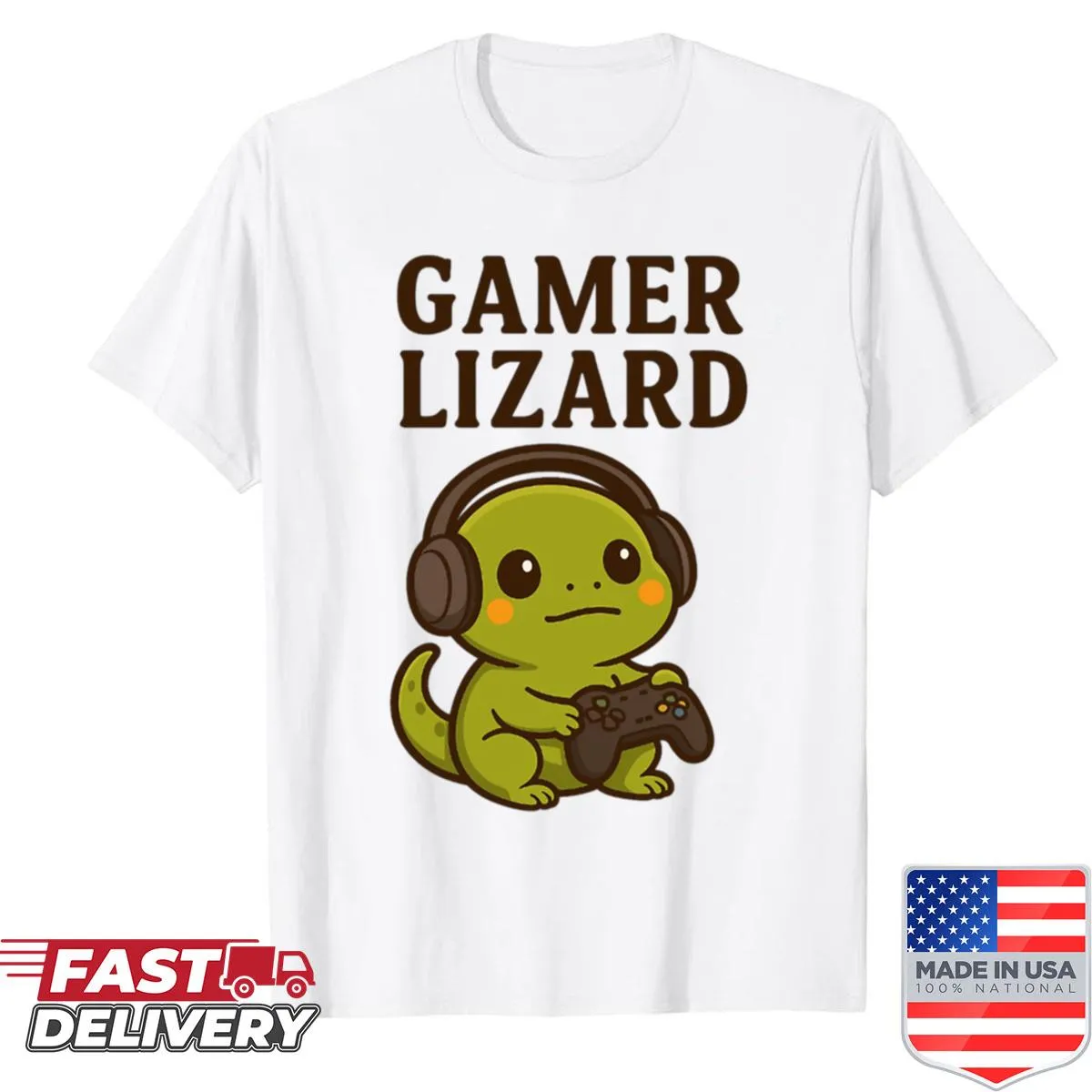 Cute chibi lizard gaming graphic on a shirt