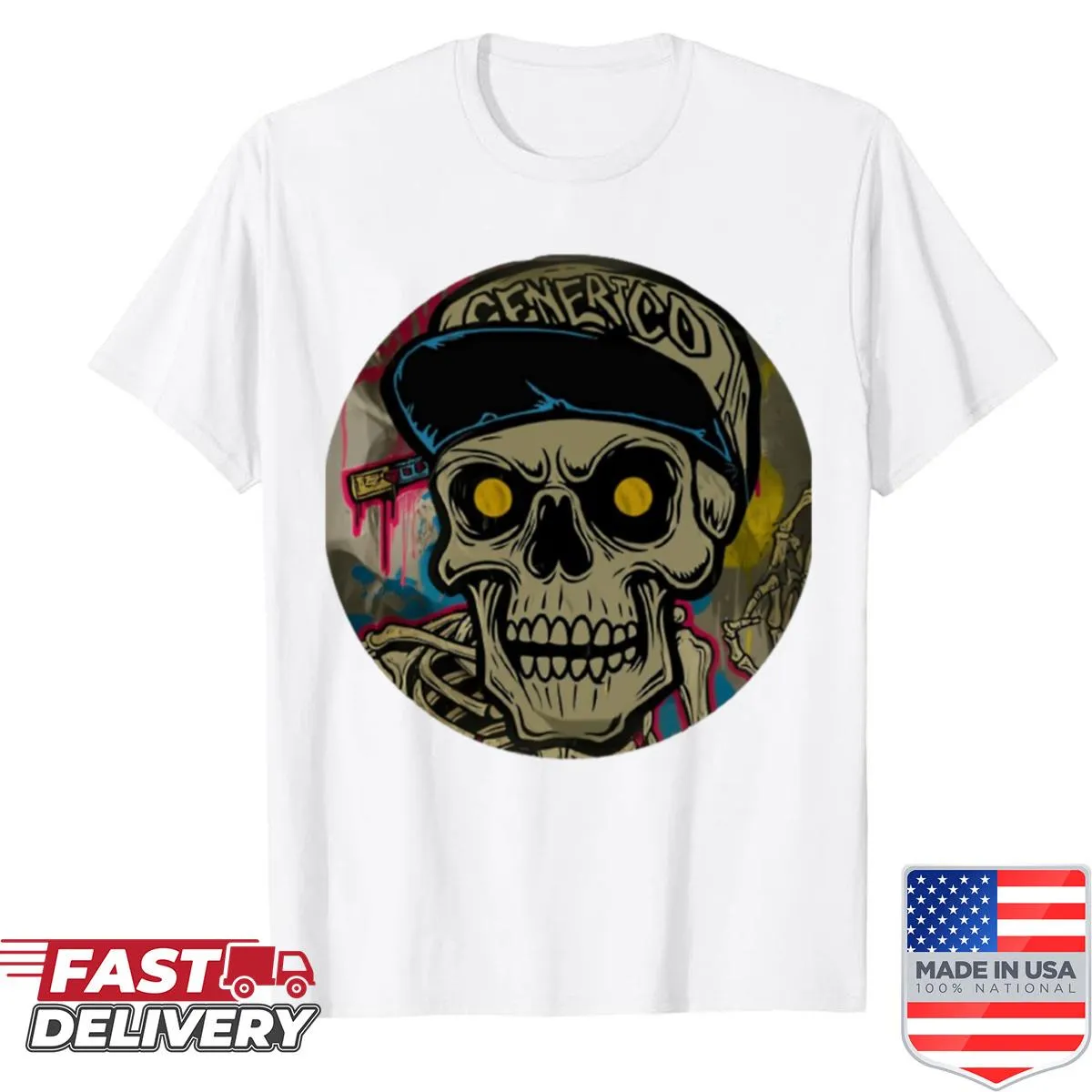 Bold skull logo graphic on a casual shirt