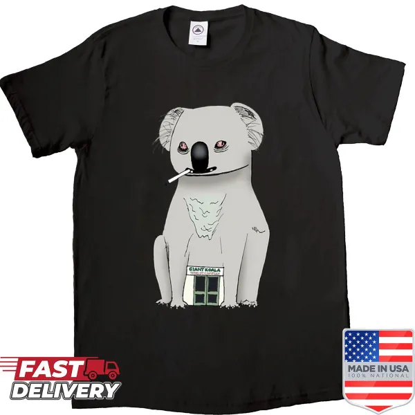 Whimsical illustration of a drop bear on a shirt.