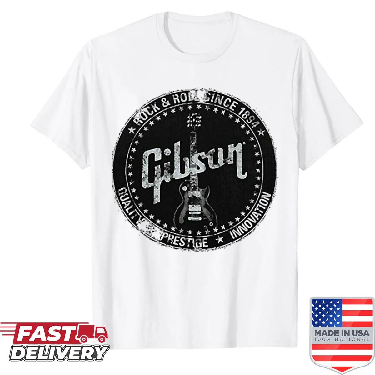 Distressed Gibson logo on a vintage-style music shirt