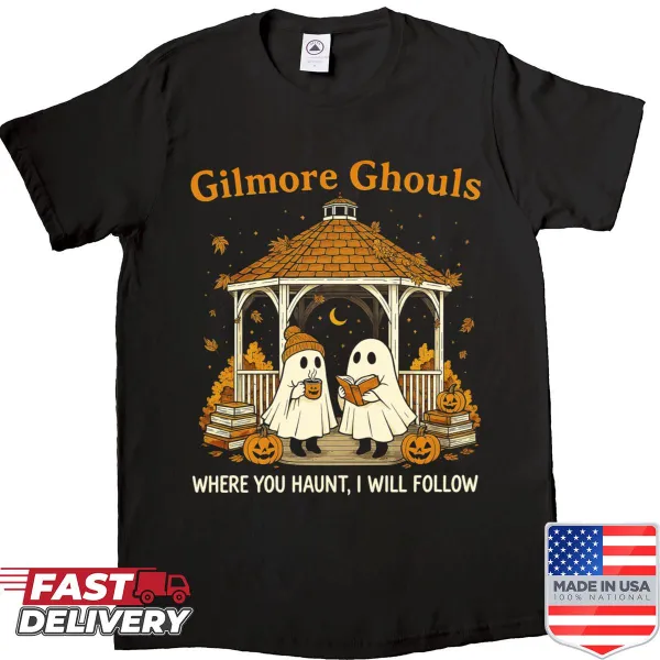 Shirt featuring the phrase 'Gilmore Ghouls' with ghost illustrations.