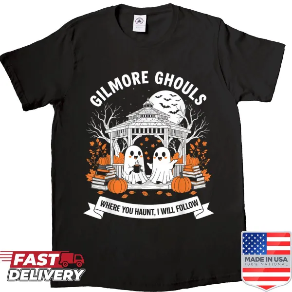 Halloween shirt with playful ghouls and 'Where You Haunt, I Will Follow' text