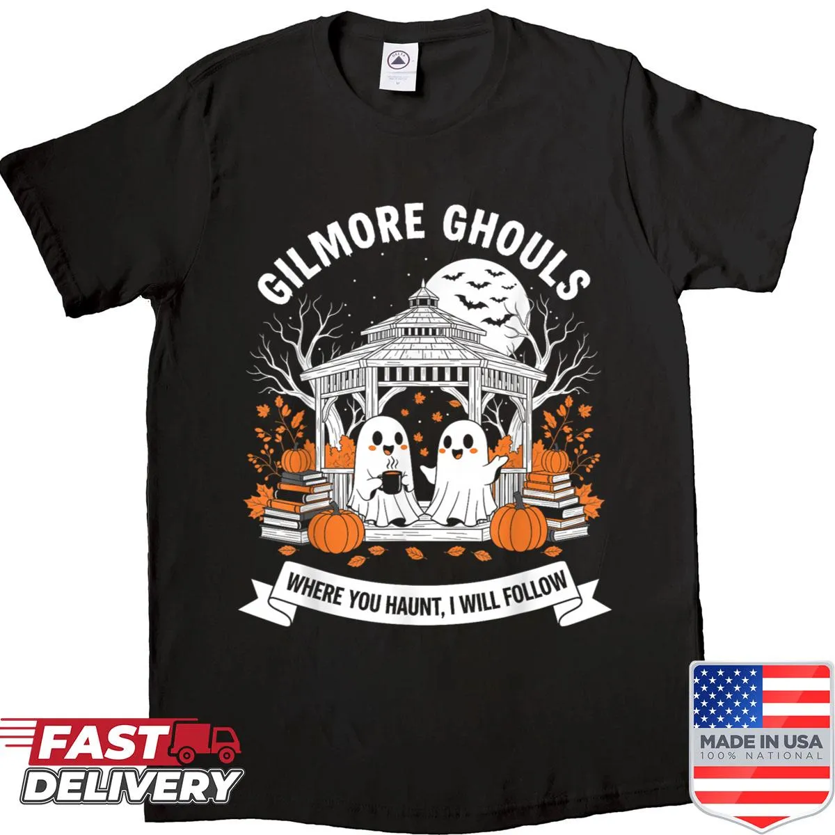 Halloween shirt with playful ghouls and 'Where You Haunt, I Will Follow' text
