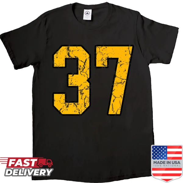 Jersey shirt featuring the number 37 in gold and black.