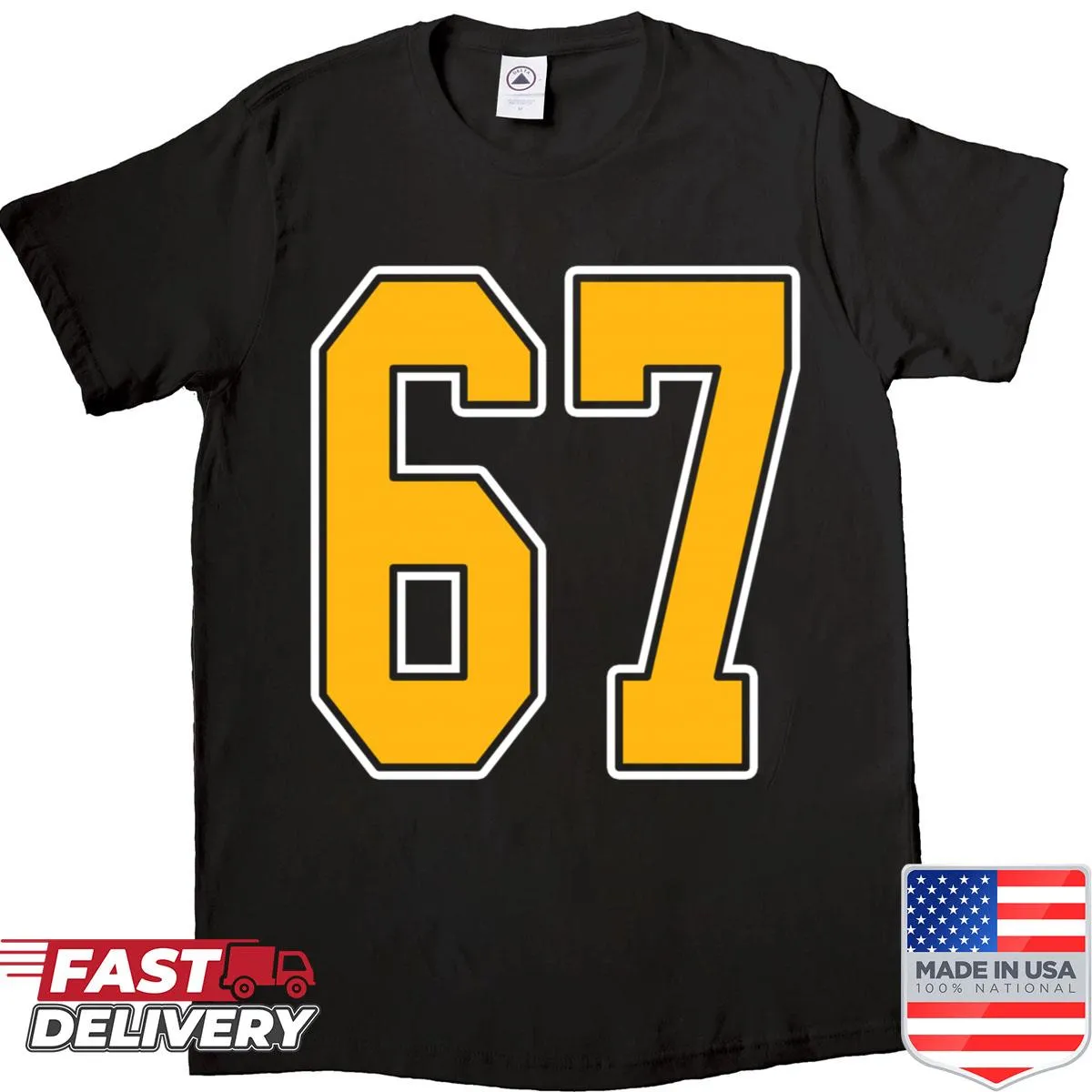 Gold and white jersey shirt with number 67 printed on it