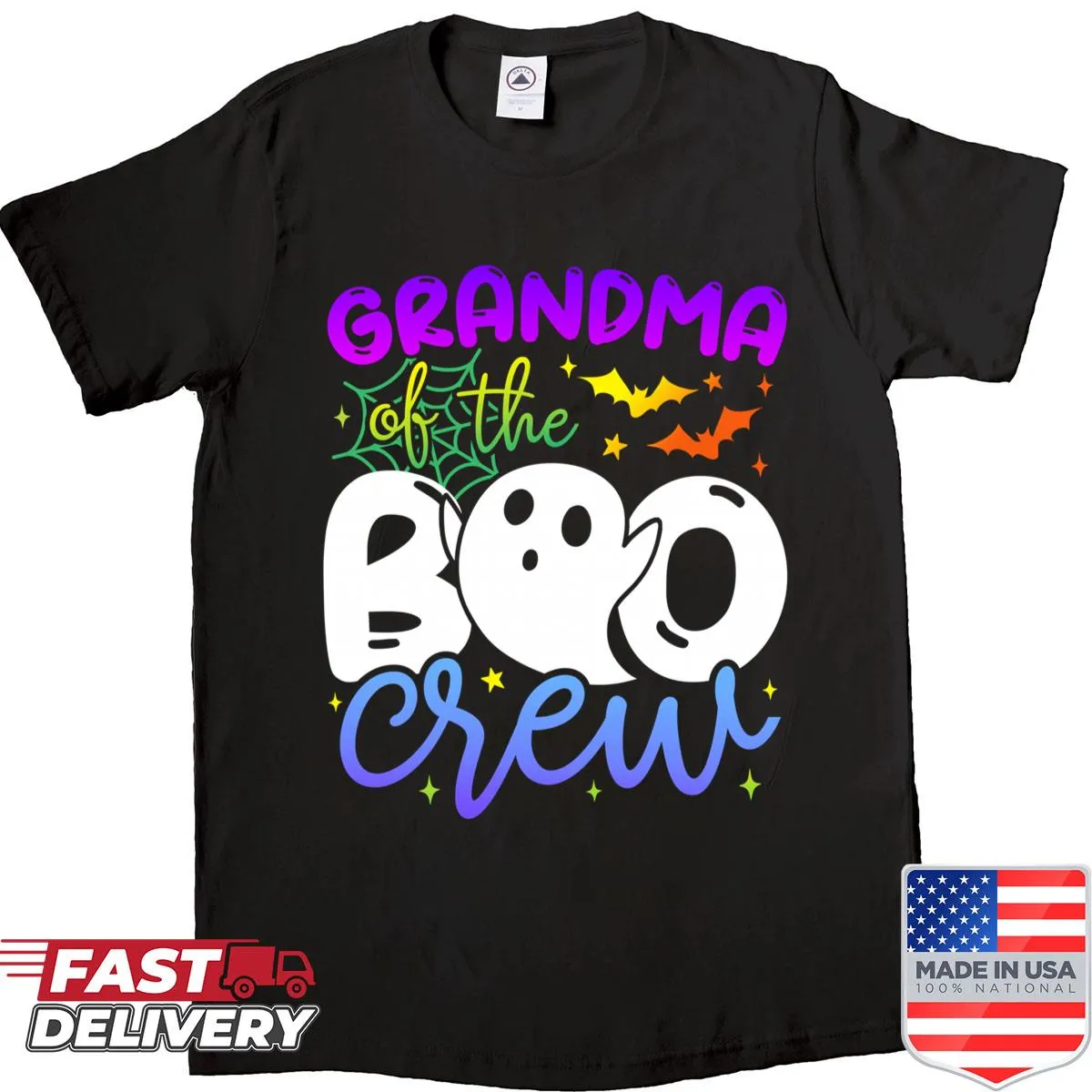 Cute Halloween Grandma of the Boo Crew graphic on t-shirt