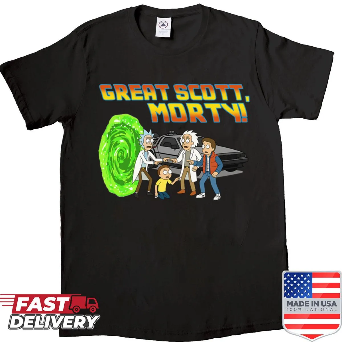 Cartoon crossover shirt with Rick, Morty, and Bttf references