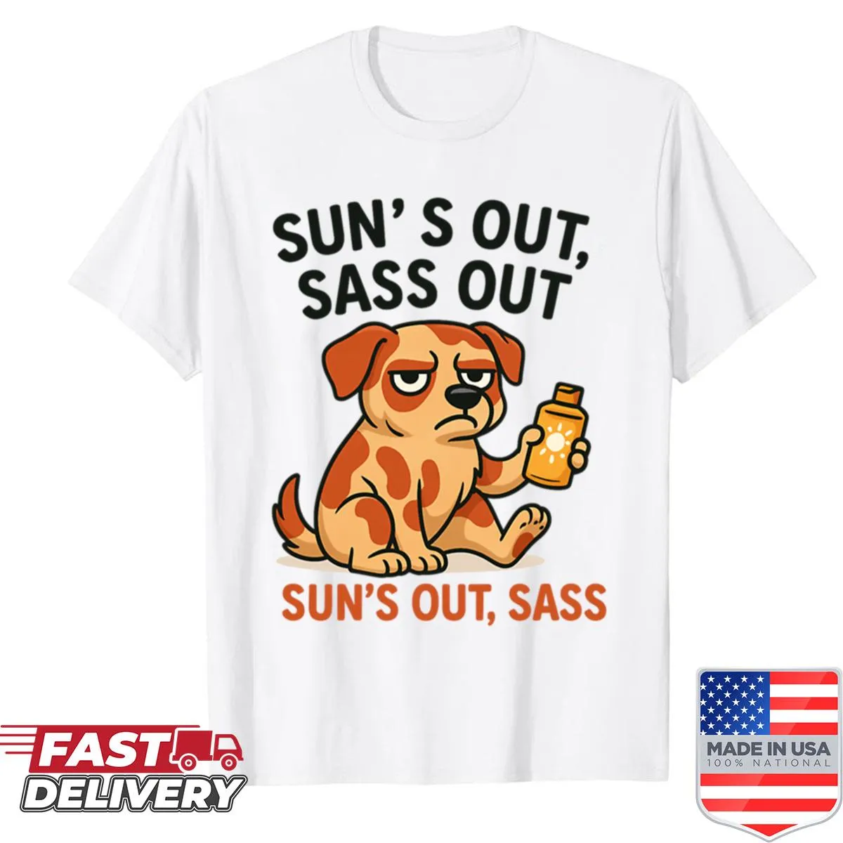 Funny grumpy dog holding sunscreen graphic t-shirt