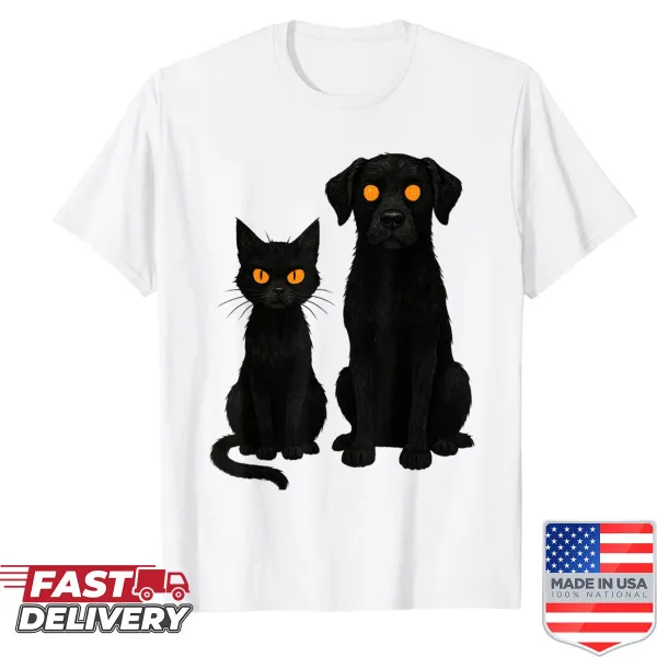 Funny Halloween shirt featuring a black cat and dog for pet lovers