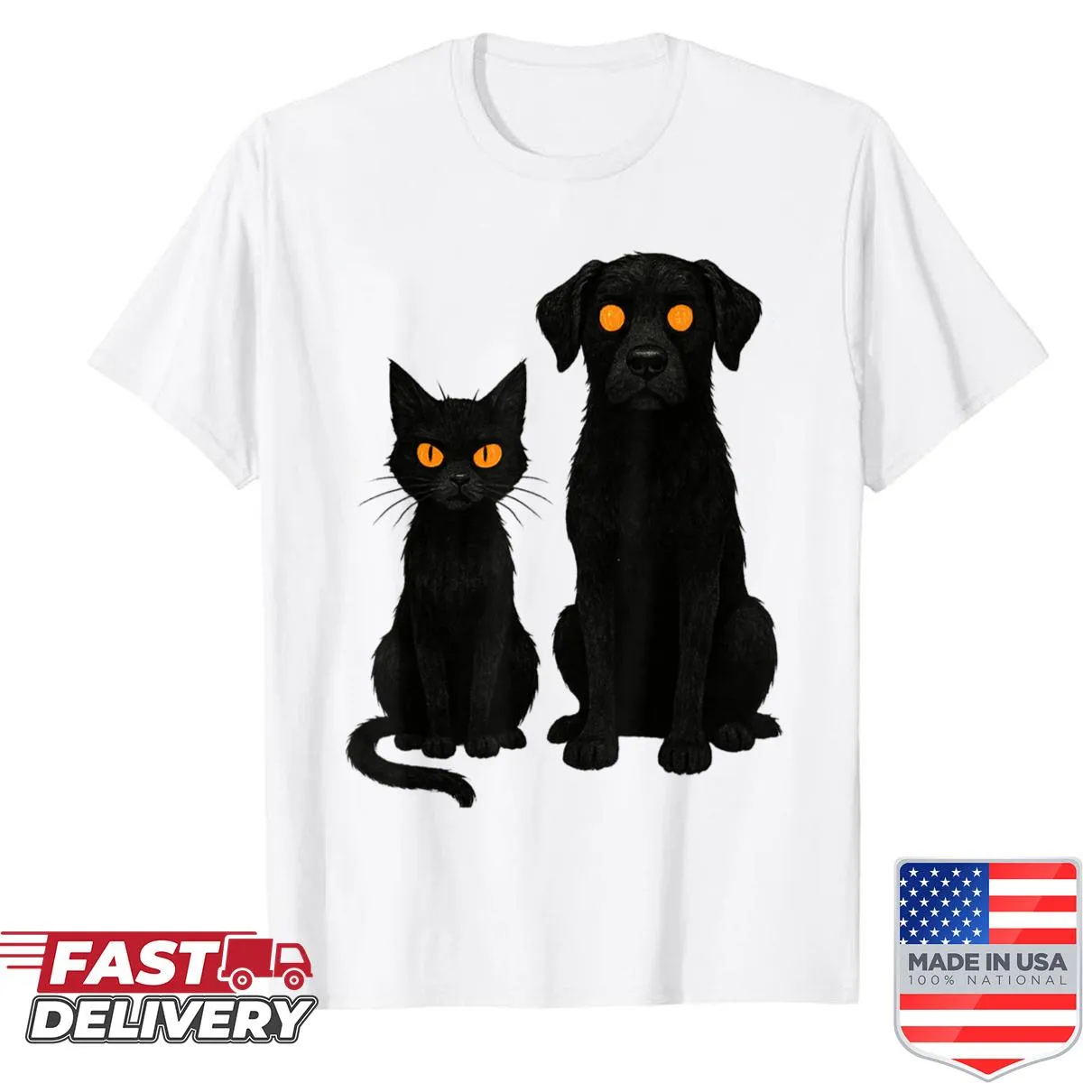 Funny Halloween shirt featuring a black cat and dog for pet lovers