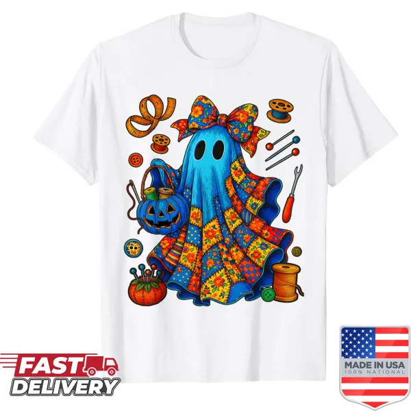 Cute Halloween shirt with a ghost and patchwork design