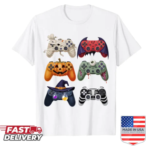 Halloween-themed shirt with skeleton, zombie, and gaming controllers