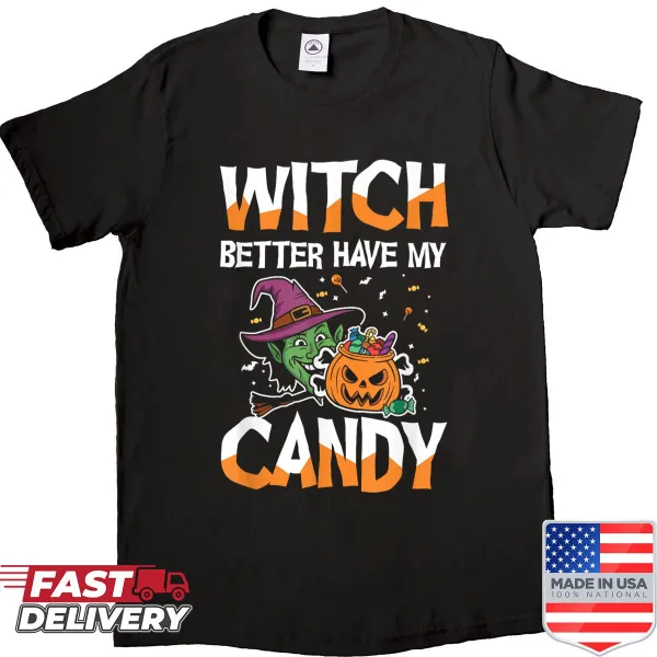 Funny Halloween shirt with witch graphic demanding candy