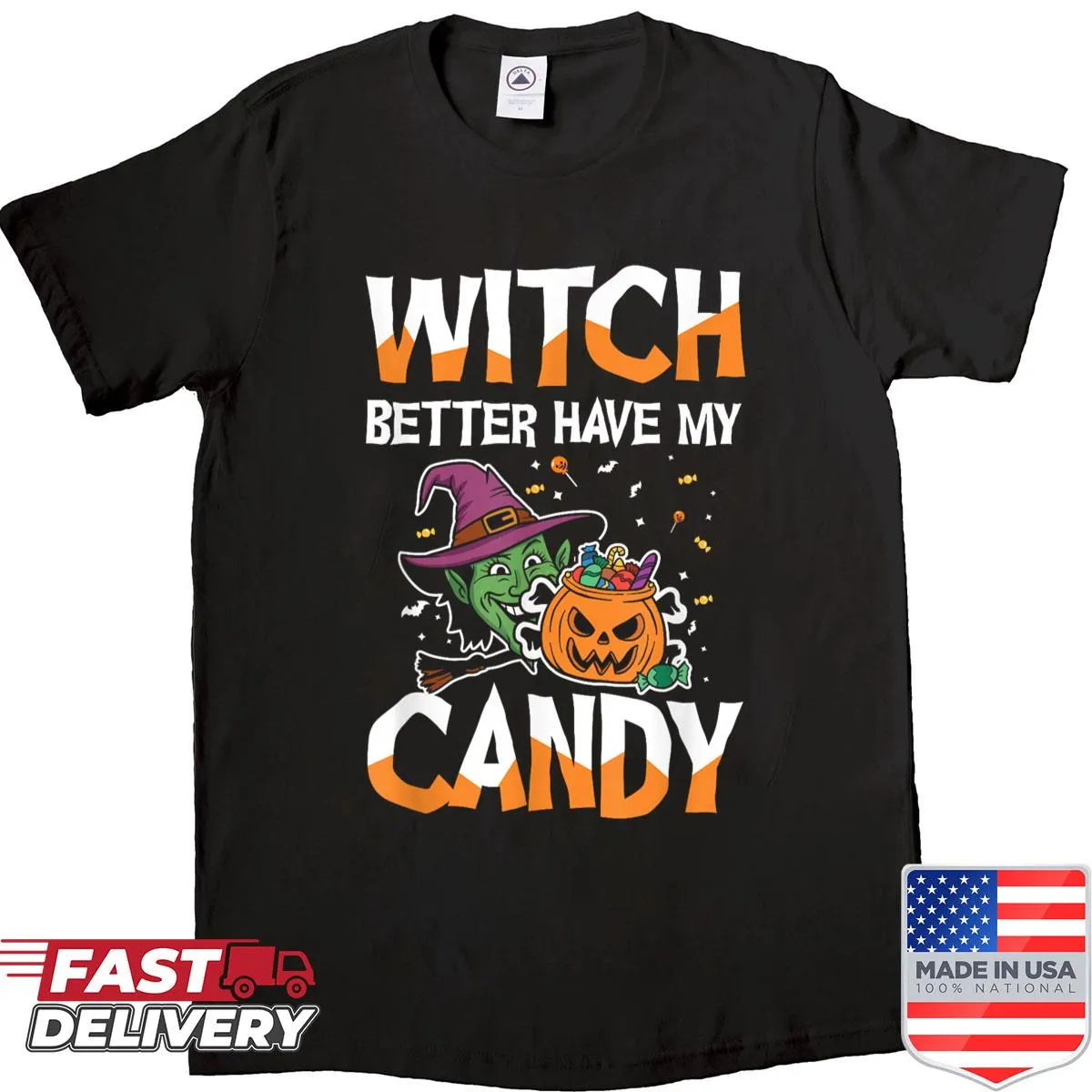 Funny Halloween shirt with witch graphic demanding candy