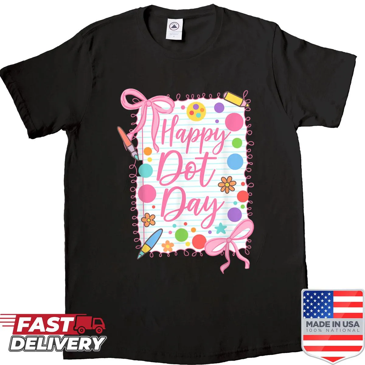 Cute teacher shirt with a bow graphic and playful message for Dot Day