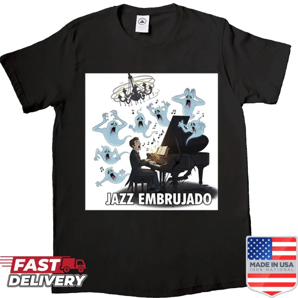 Haunted Jazz shirt featuring musicians in a ghostly illustration