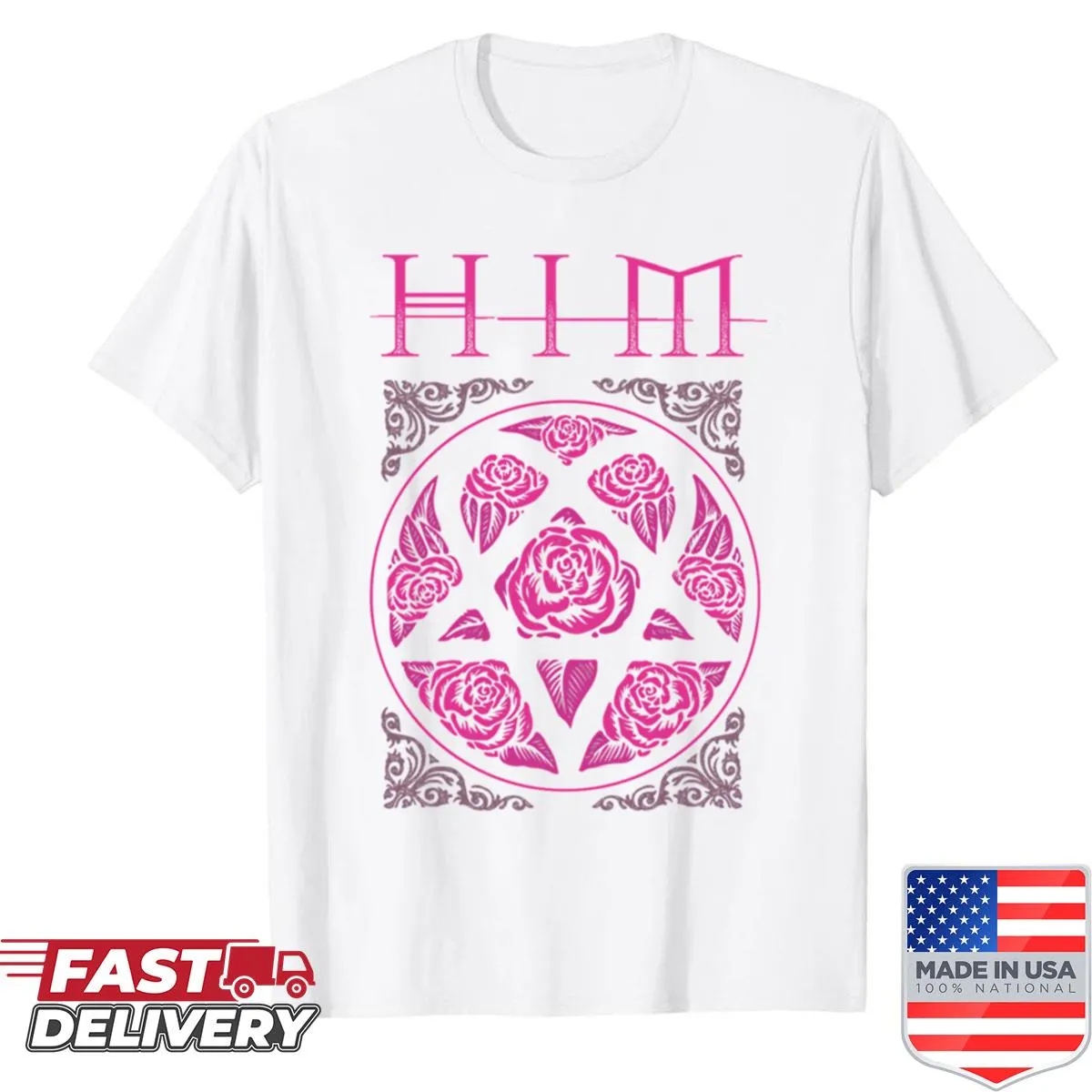Shirt featuring Heartagram logo from HIM band in pink