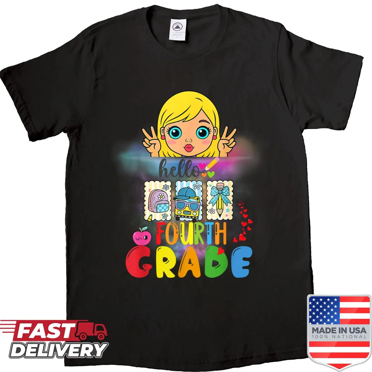 Back-to-school shirt with 'Hello Fourth Grade' graphic