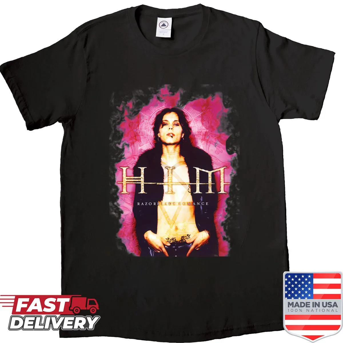 HIM band tee featuring Razorblade Romance cover and Heartagram logo
