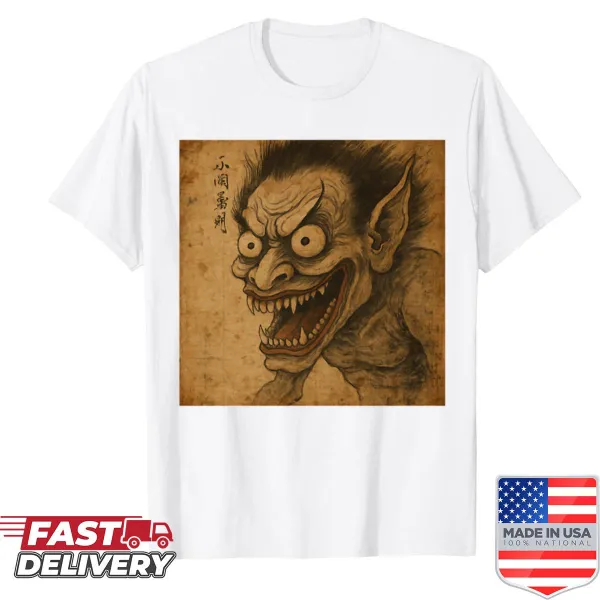 Cute Hokusai-demon t-shirt with playful anime design.