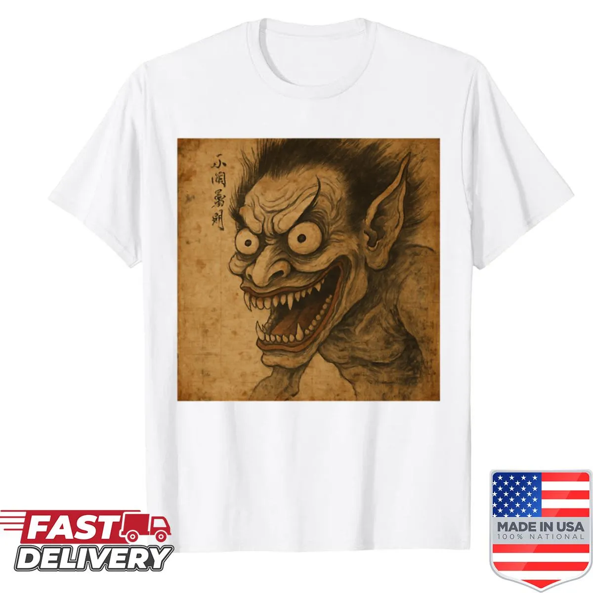 Cute Hokusai-demon t-shirt with playful anime design.