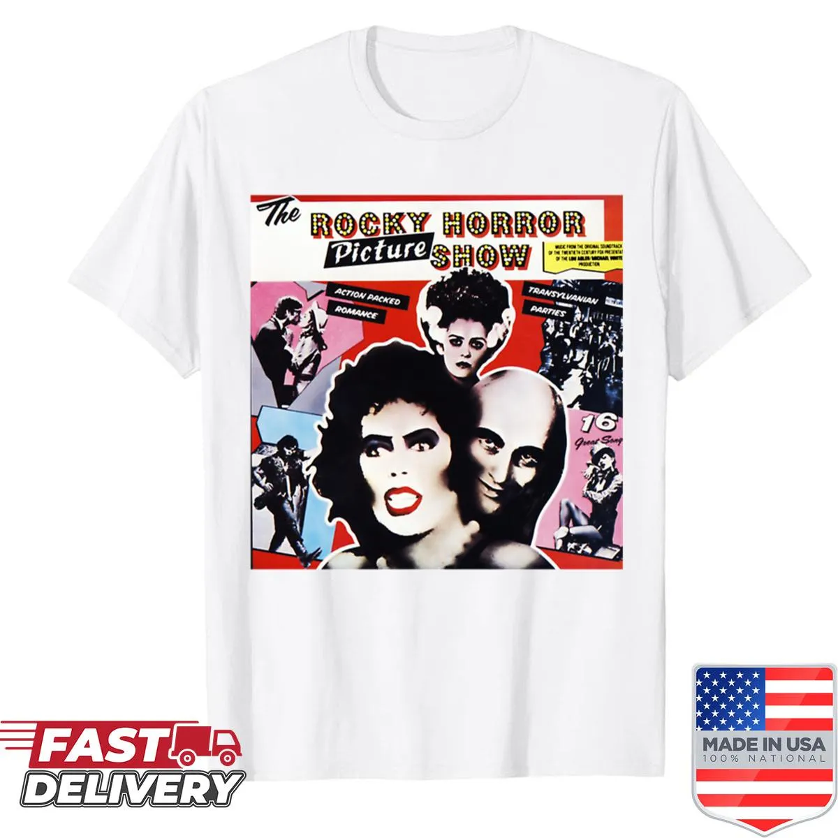 Vintage-style horror-themed t-shirt with classic movie poster logo.