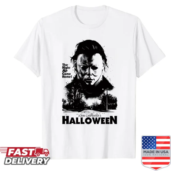 Vintage-style shirt with horror film logos and spooky designs