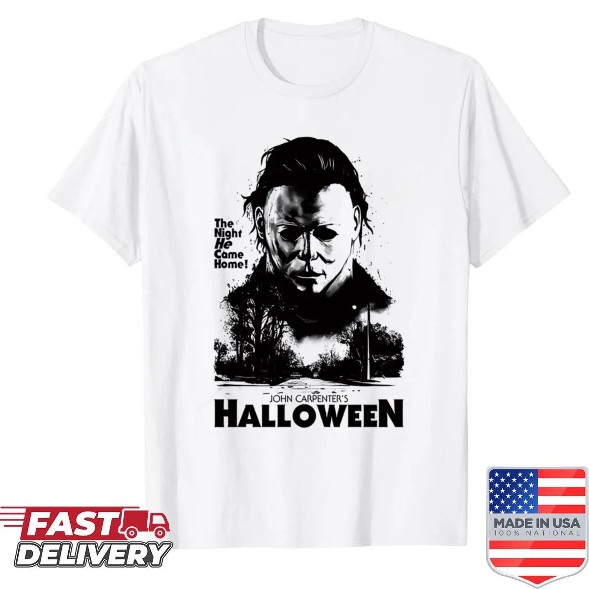 Vintage-style shirt with horror film logos and spooky designs