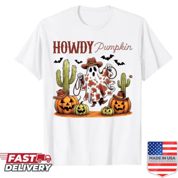 Playful Halloween ghost and cactus graphic on a T-shirt