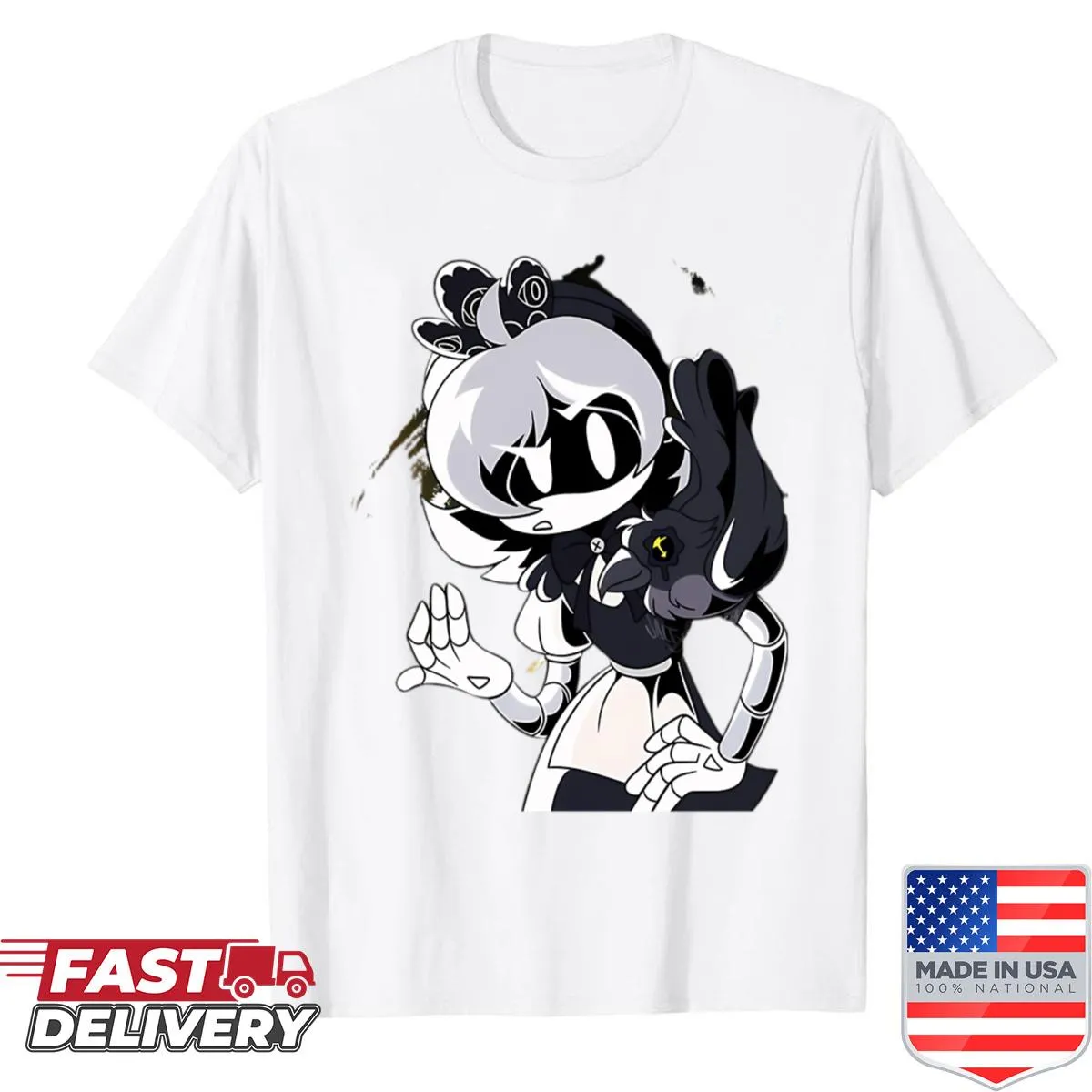 Cartoon drone character in a cyberpunk style on a dark shirt