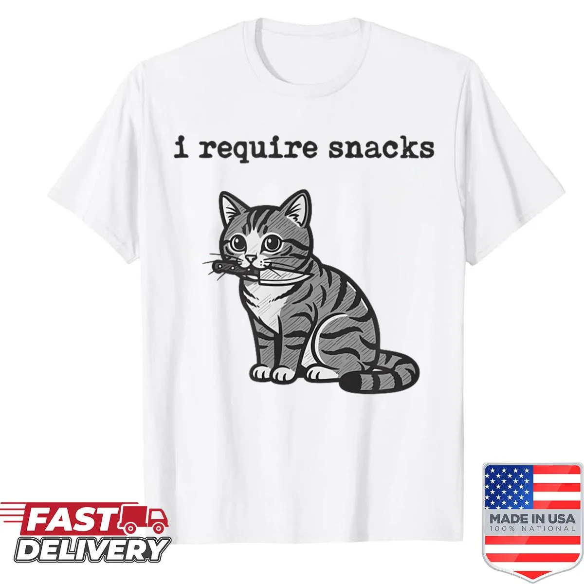 Sarcastic cat humor shirt declaring 'I Require Snacks'