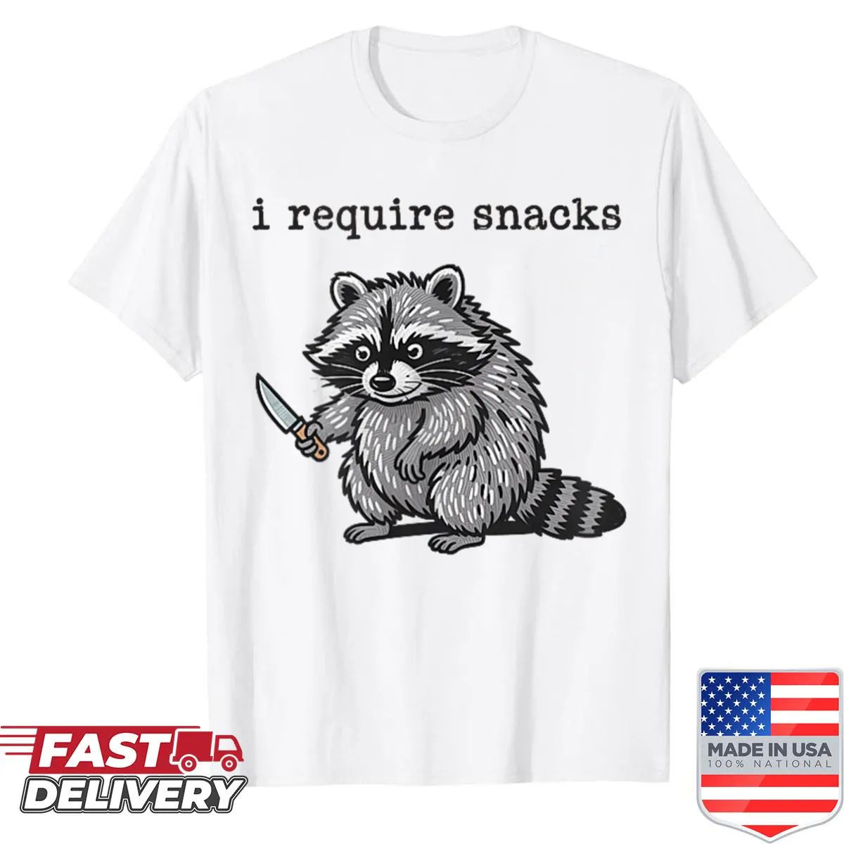 Cartoon raccoon graphic with text about requiring snacks