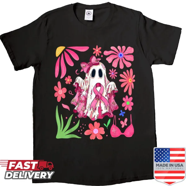 Cute Halloween shirt with a pink ghost and breast cancer awareness theme