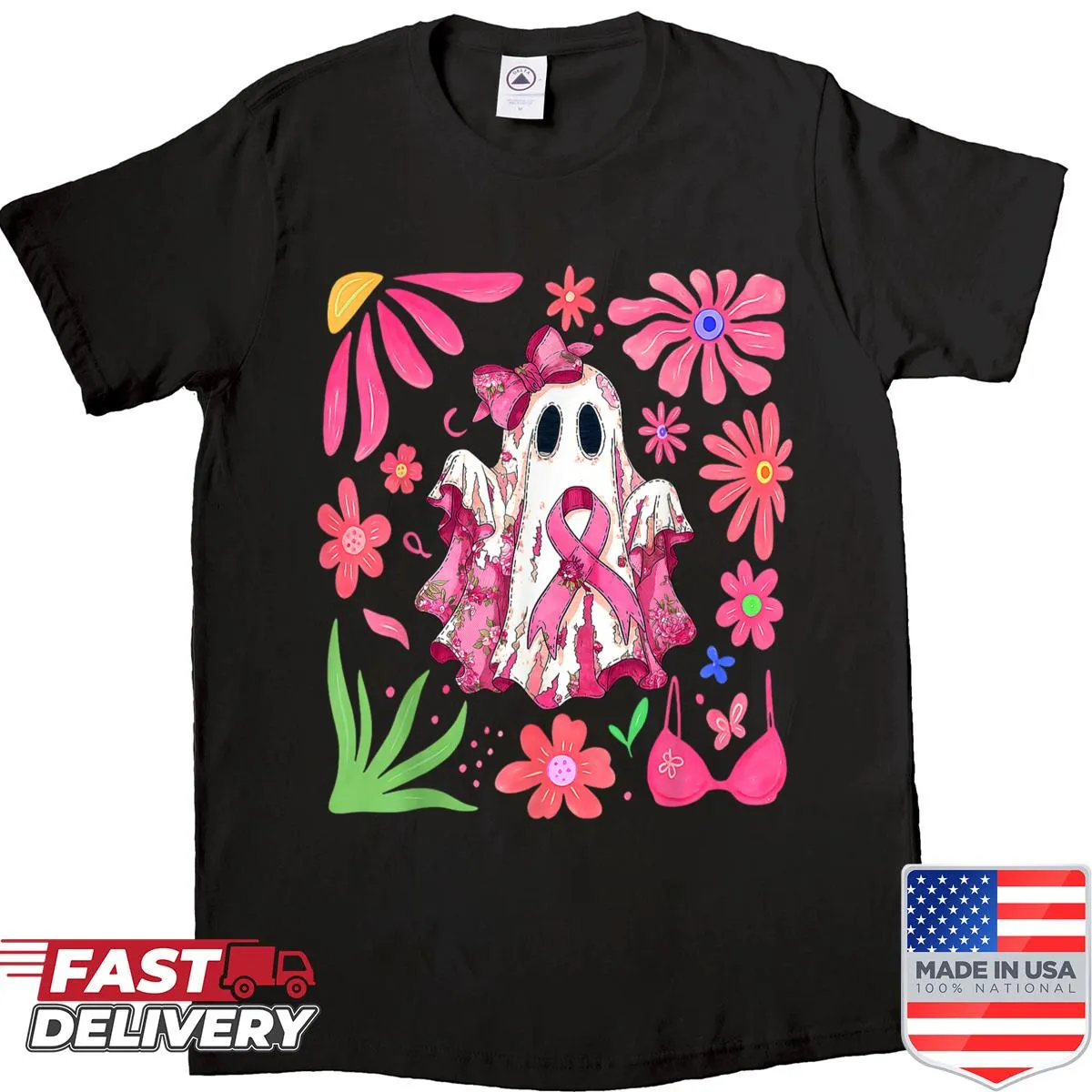 Cute Halloween shirt with a pink ghost and breast cancer awareness theme