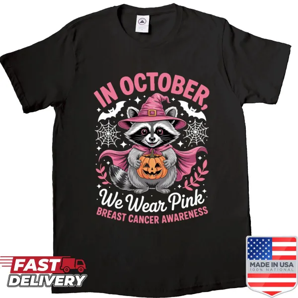 Breast cancer awareness t-shirt featuring 'In October We Wear Pink' design.